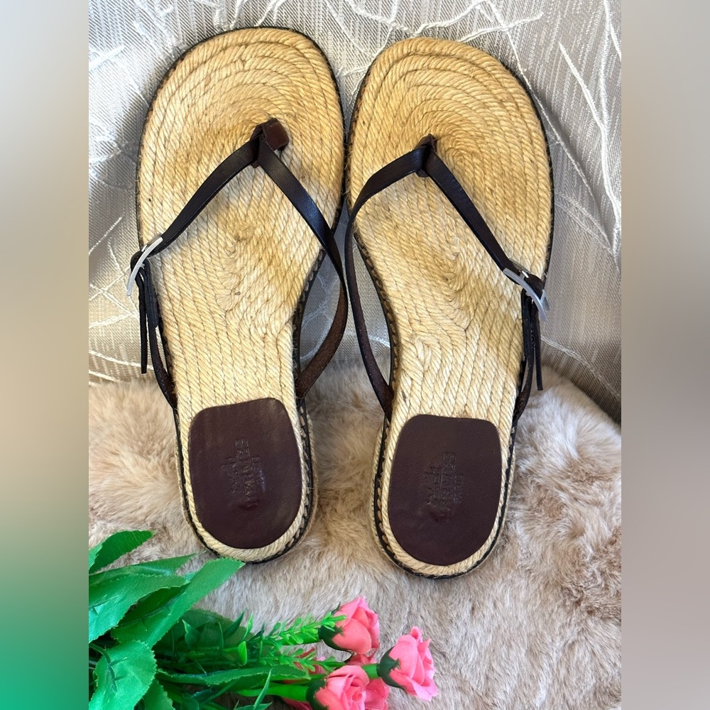 Hermes Straw Footbed Brown Leather Strap Flip Sandals